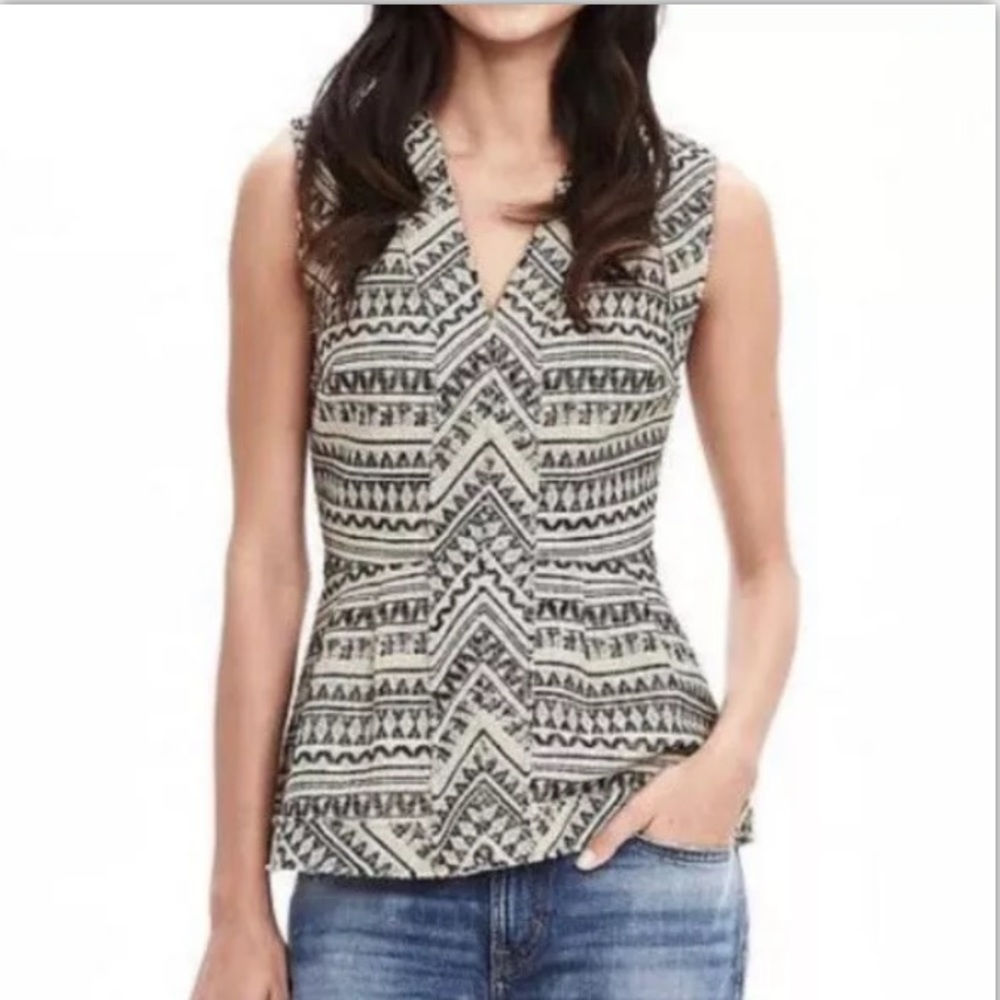 Banana Republic Black Cream Jacquard Tribal Frayed V-neck Peplum Woven Top 4